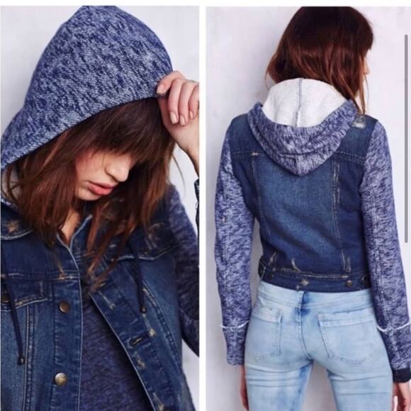Free People Hoodie Jean Jacket Distressed Denim Sz S Removable Hood - Picture 15 of 15